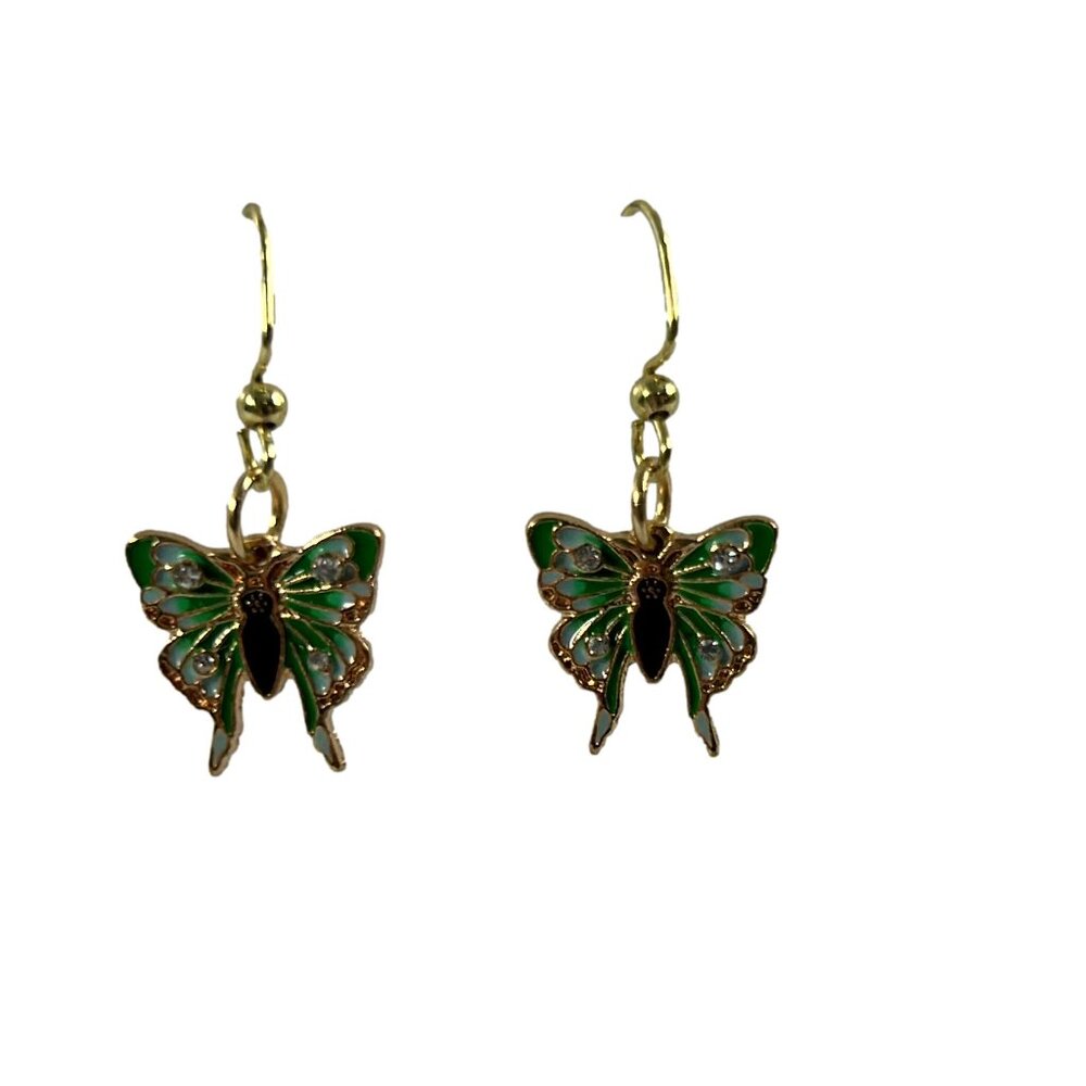 Green Enamel Butterfly Earrings Gold Tone Rhinestones 1.25" Dangle Hook Delicate